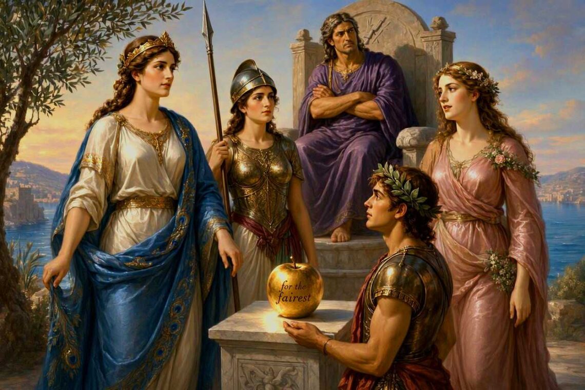 Golden apple marked “For the Fairest” between Hera, Athena, and Aphrodite.