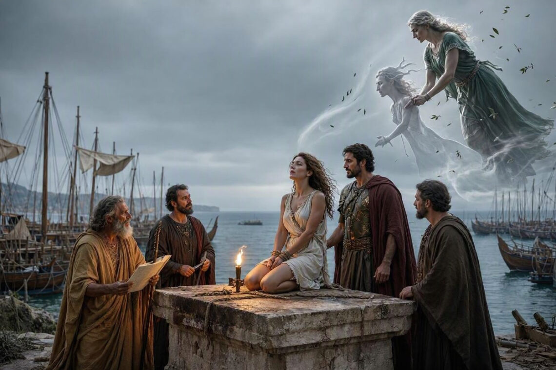 Iphigenia’s sacrifice at Aulis before the Greek fleet sails for Troy.